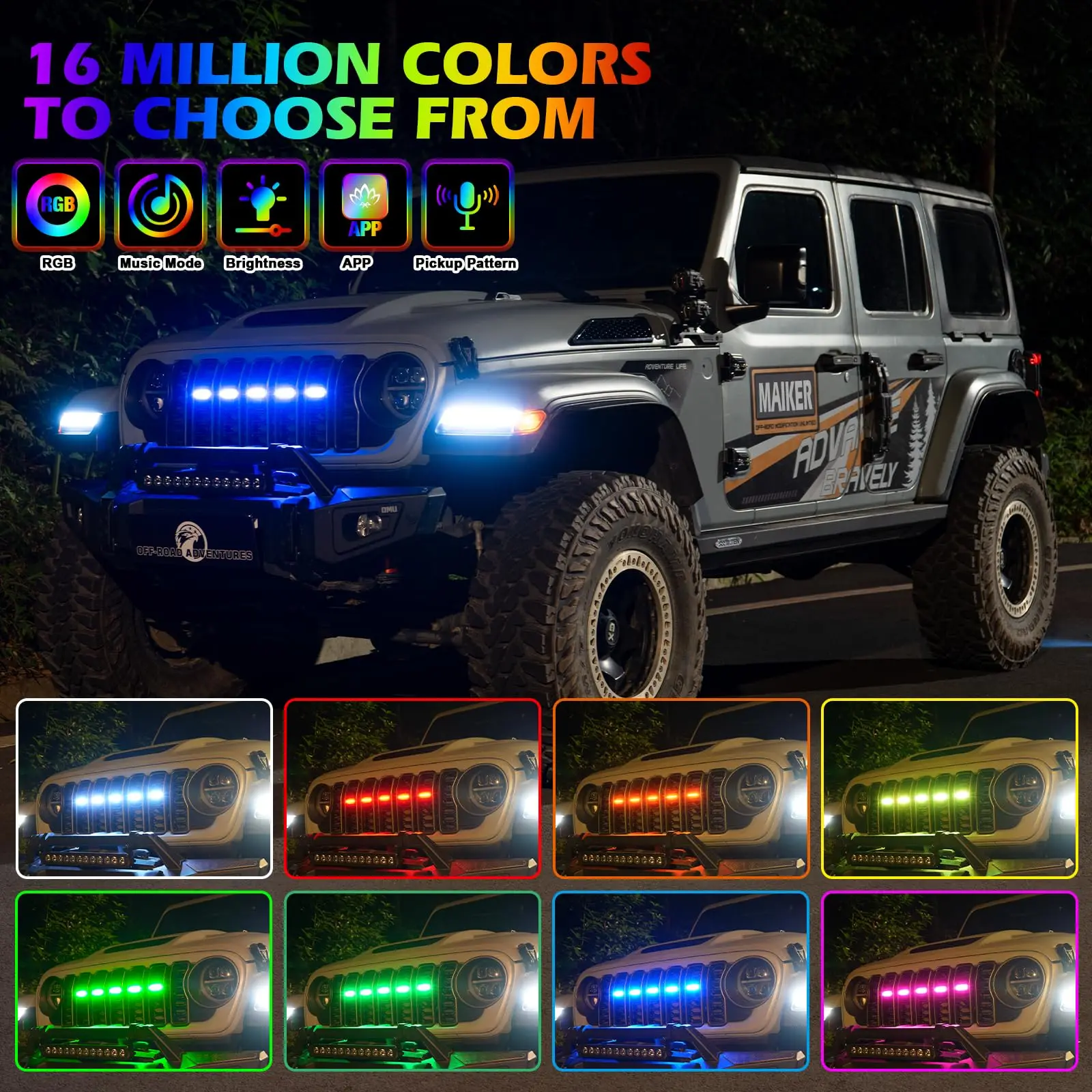 RGB LED Frontgrill-Lichter – Jeep Wrangler (5-teilig) – Bild 3